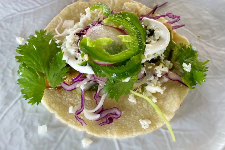 a fish taco on a plate from bad boy burrito in islamorada florida keys